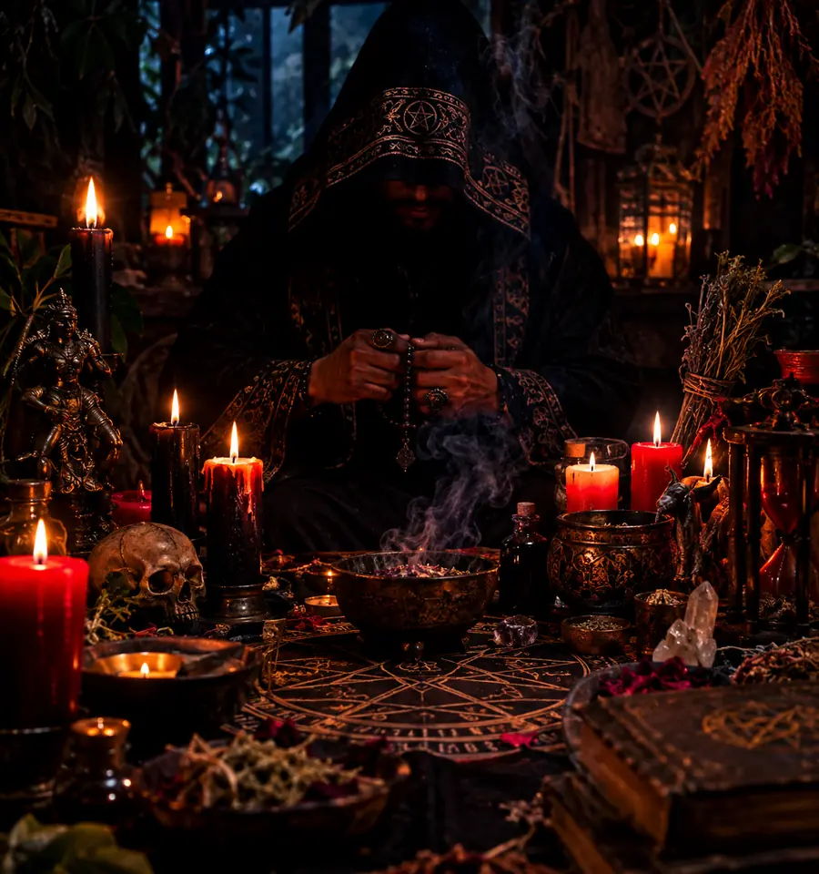 Brujo encapuchado con rosario frente a un altar con velas, hierbas y caldero