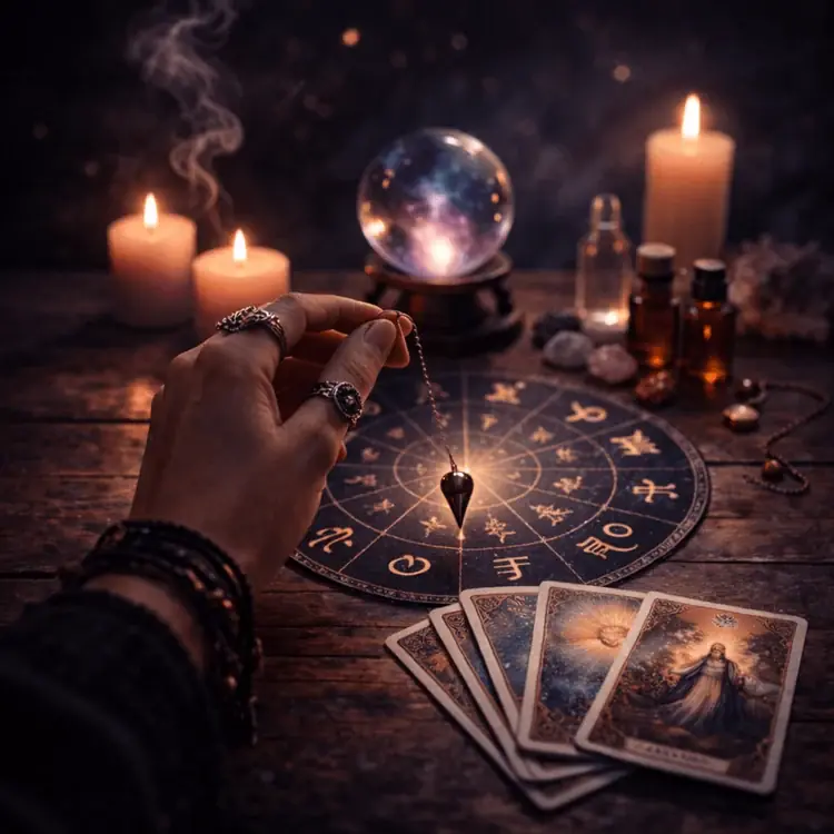 Péndulo sobre rueda zodiacal con esfera de cristal y velas